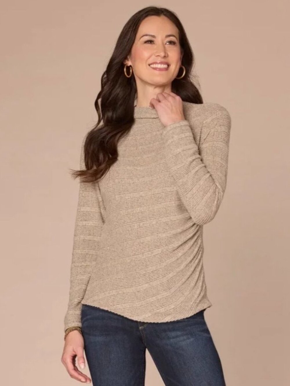 Democracy Long Sleeve Mock Neck XL Side Ruching Heather Taupe Shirttail Hem NWT